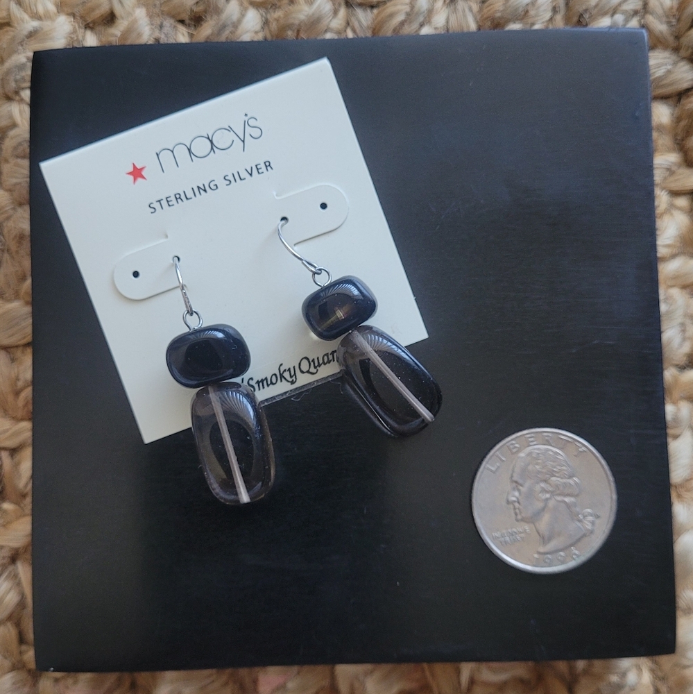 Macy's Sterling Silver Onyx and Smokey Quartz earrings